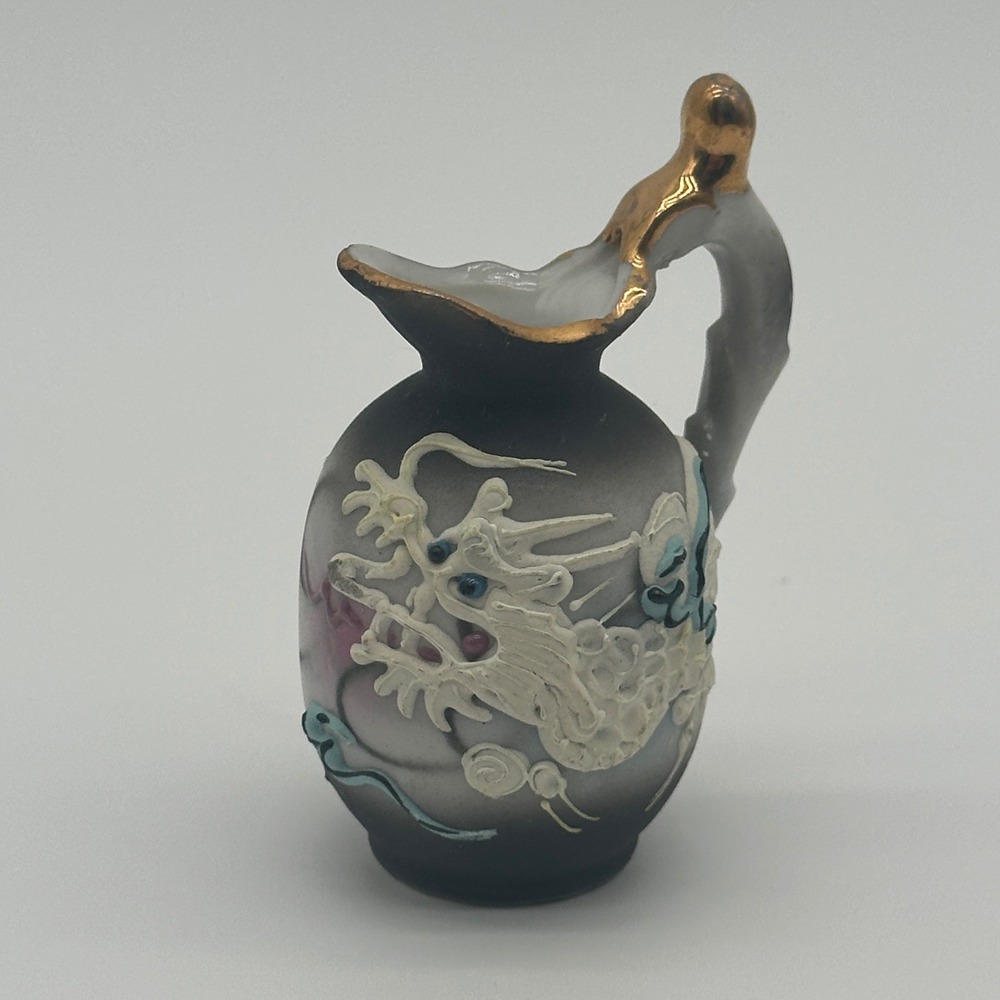 Vintage Moriage Dragon Miniature Porcelain Pitcher Gold Trim Made in Japan 2.75"